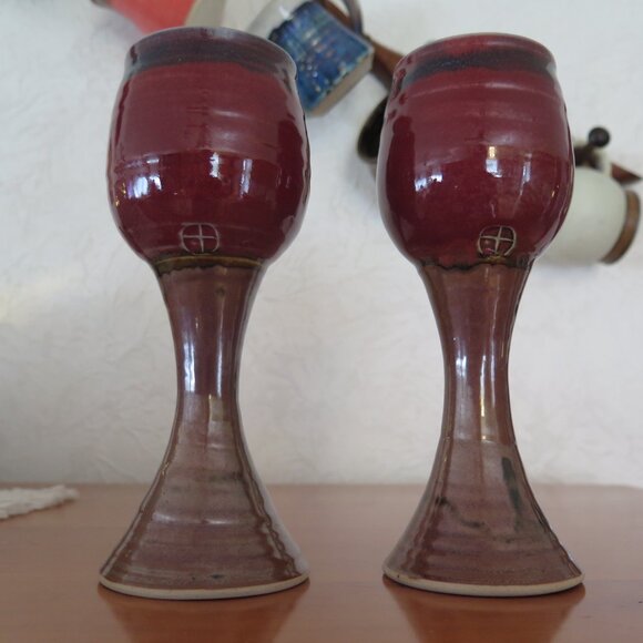 Tall Pottery Wine Goblets, Signed, Scott Frankenberger Artist, Burgundy & Tan - Picture 2 of 9